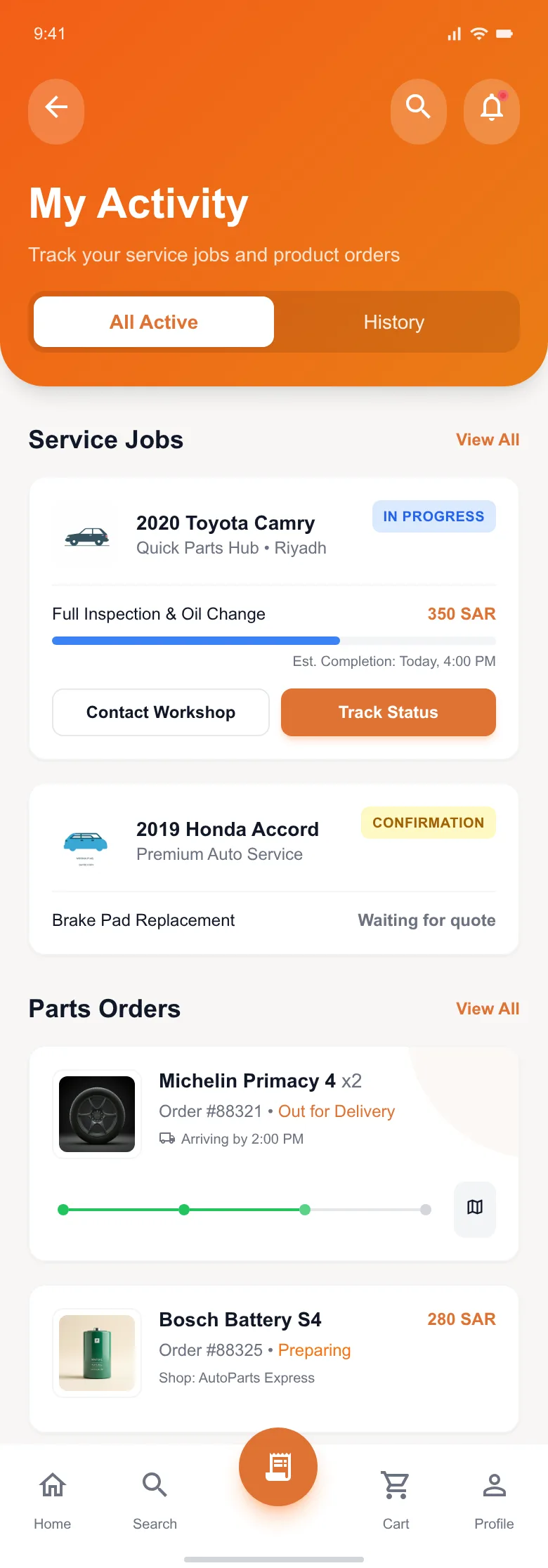 Gari activity screen with active jobs and parts orders
