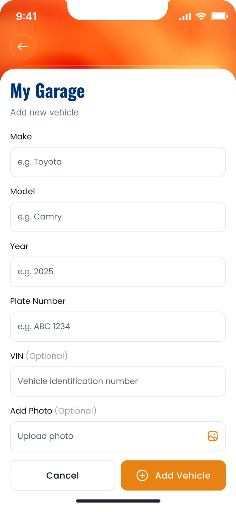 Gari Add vehicle screen
