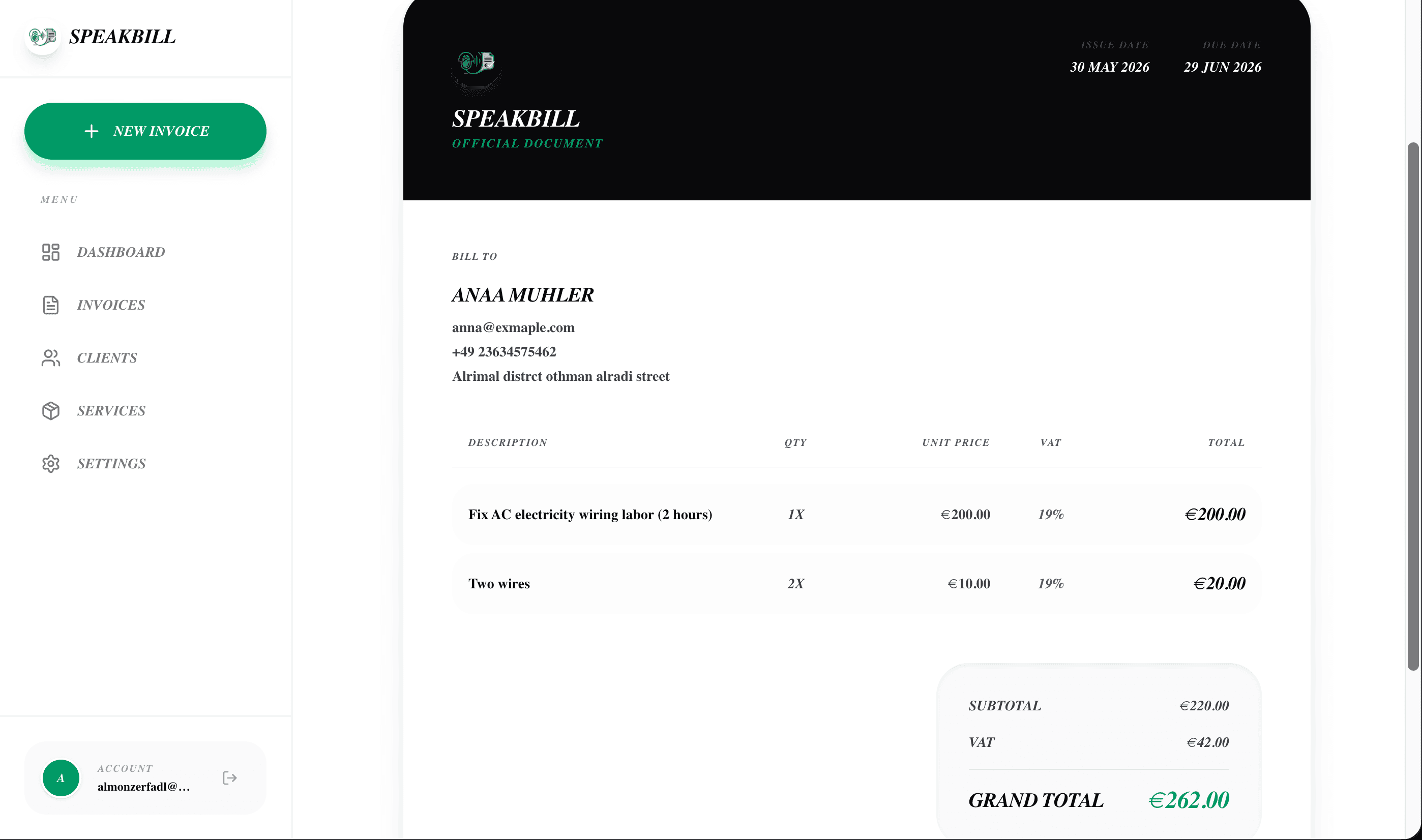 SpeakBill invoice preview
